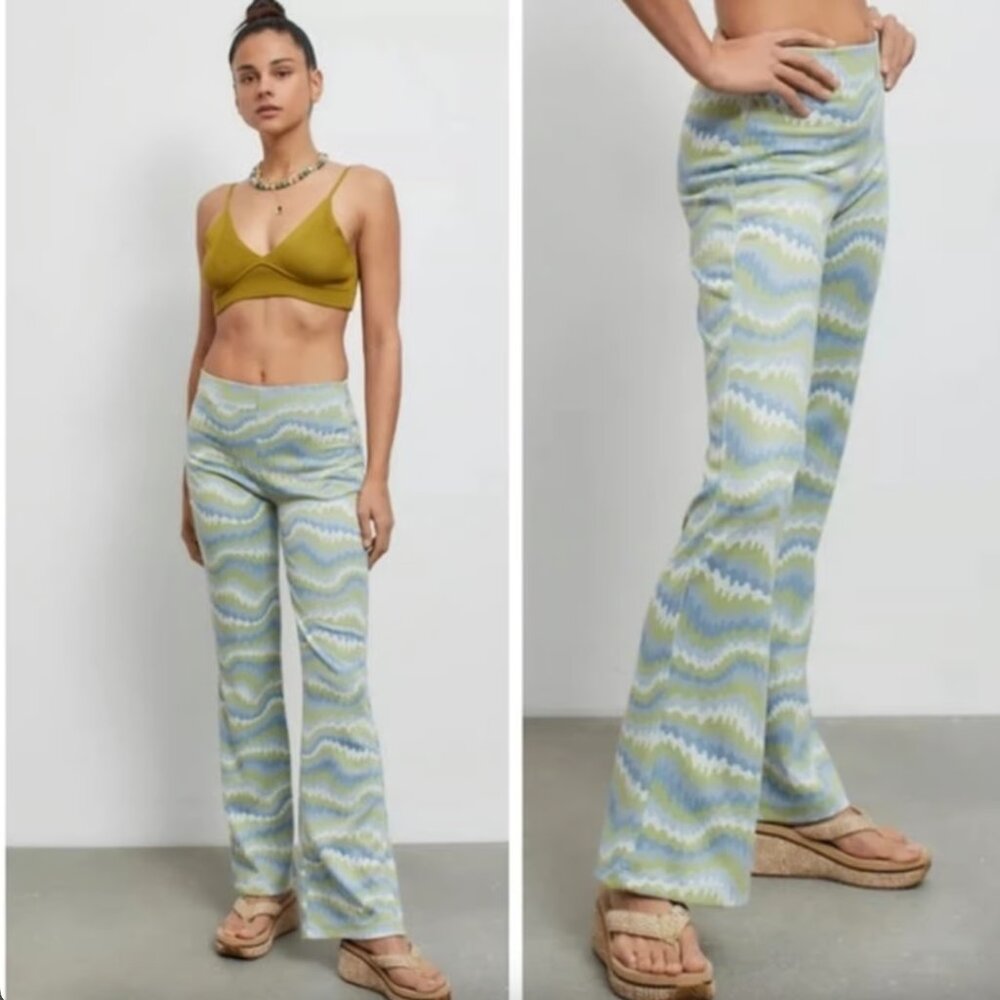 Urban Outfitters Bryn Flare Pants Size S Green Wavy Funky Boho Hippie Festival